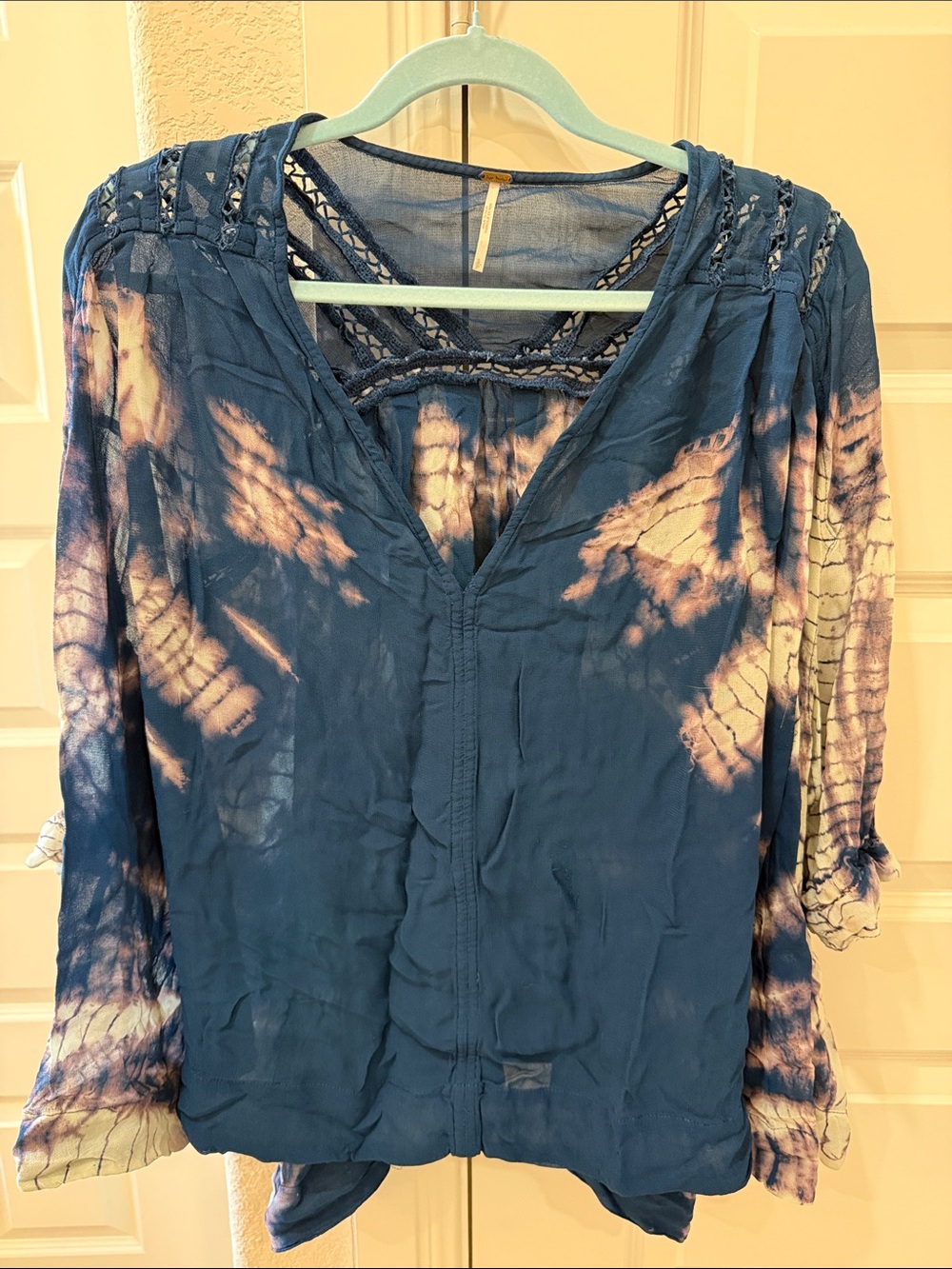 Free People- Women’s Indigo Tie-Dye V-Neck Blouse with Crochet Yoke
